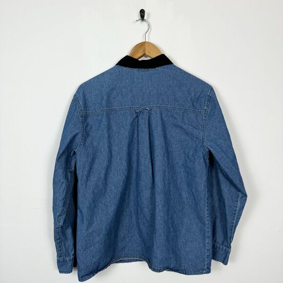 VTG 90s Denim Christmas Holiday Santa Embroidered Velvet Collar Button Down - Picture 3 of 4